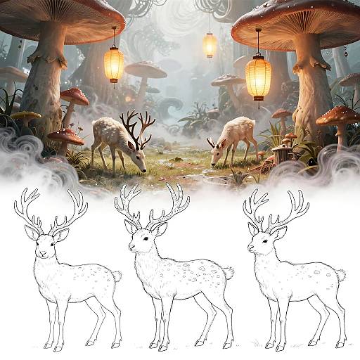 Surreal Fantasy Deer Line Art