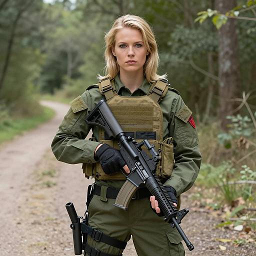 Female Soldier in Tactical Gear with M4 Rifle
