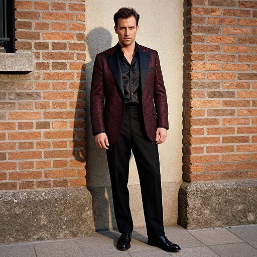 Photograph of a tall, handsome man with short brown hair, wearing a black shirt and dark maroon suit, standing against a brick wall, casting