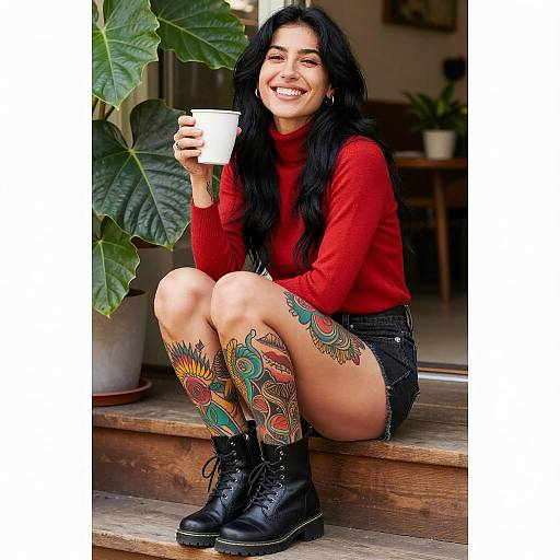 Smiling Woman with Tattoos on Steps