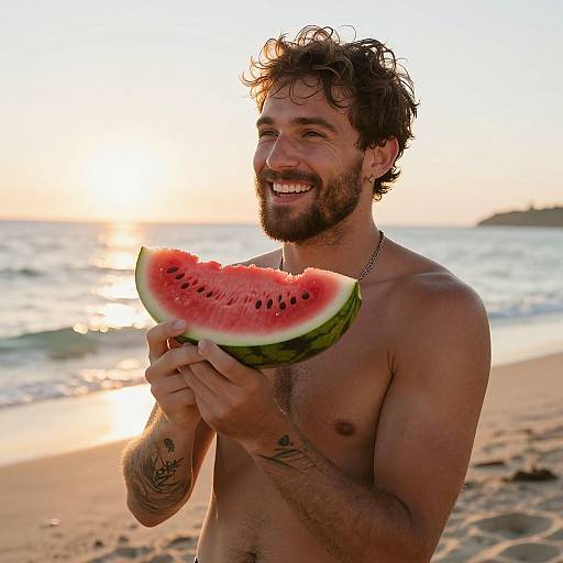 Photograph of a smiling, shirtless, tattooed man with curly brown hair and beard, holding a slice of watermelon at sunset on a beach
