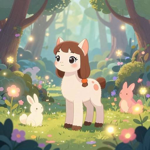 Cute cartoon-style white pony with brown mane and tail, standing in a magical forest with glowing flowers, a white bunny, and a pink bunny.