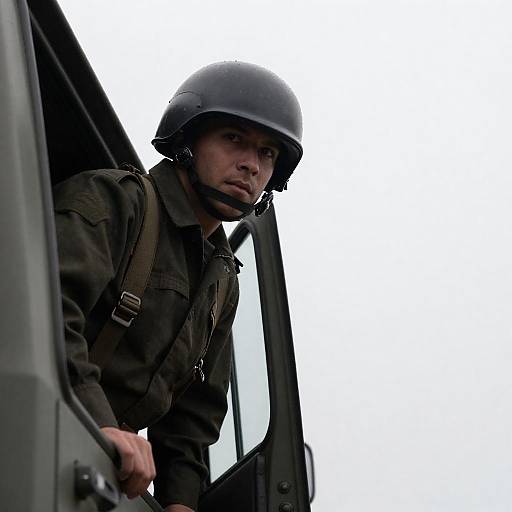 High-Contrast Soldier in Vehicle Doorway