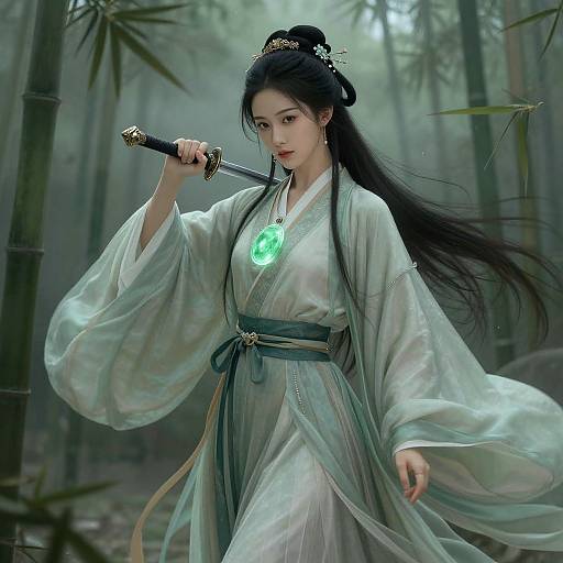 Digital artwork of an elegant Asian woman with long black hair, wearing a translucent green kimono, holding a katana with a glowing green gemstone,