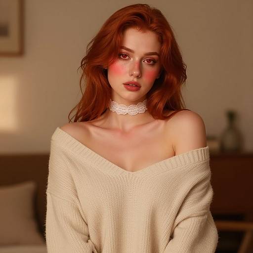 Photograph of a fair-skinned, red-haired woman with rosy cheeks, wearing an off-shoulder beige sweater and white lace choker,