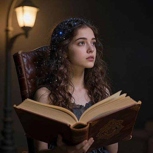 Photograph of a young woman with long curly brown hair, wearing a black lace dress, reading an ornate book under soft lamplight.