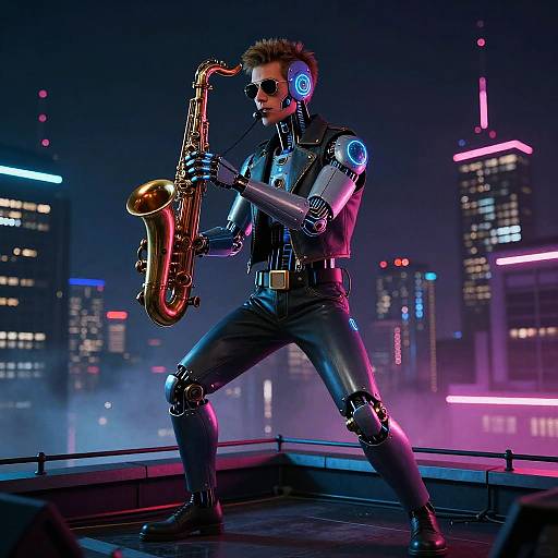 Cybernetic Jazz Musician in Neon Noir