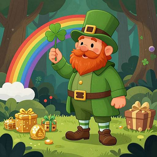 Cartoon leprechaun with green outfit, orange beard, and hat holds shamrock under vibrant rainbow, surrounded by gold coins, gifts, and