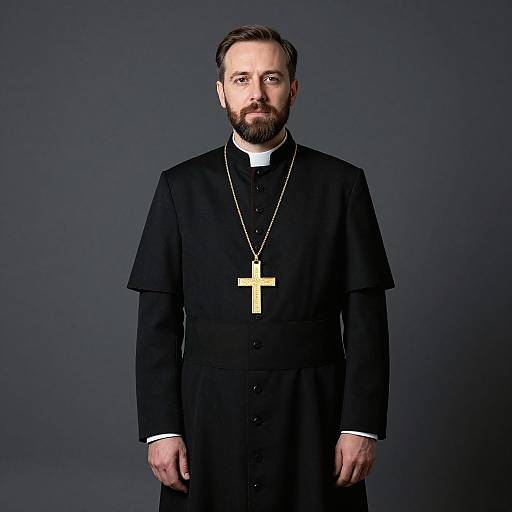 Photograph of a bearded Caucasian man with short brown hair, wearing a black clerical robe, white collar, and large gold cross necklace, standing