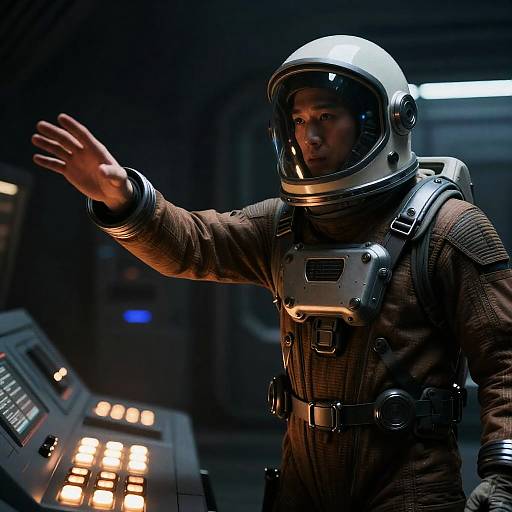 Futuristic Astronaut in Sci-Fi Control Room