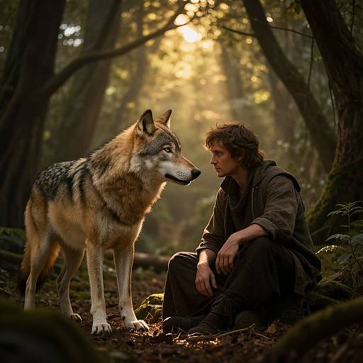 Photograph of a young man with tousled brown hair, sitting on forest floor, gazing at a large, alert wolf with golden-brown fur