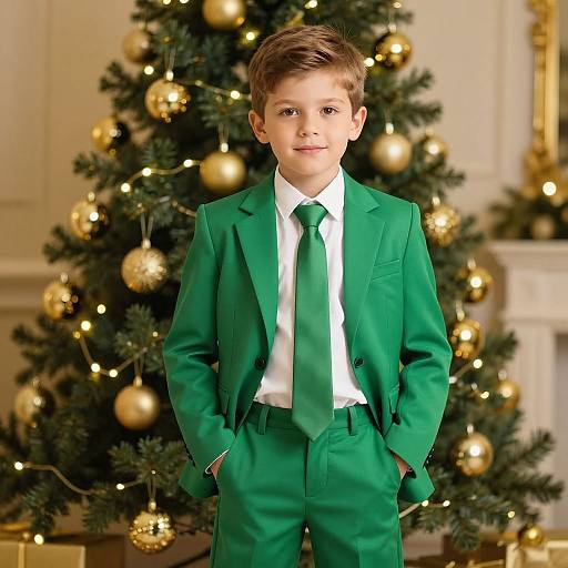 Confident Boy in Festive Green Suit