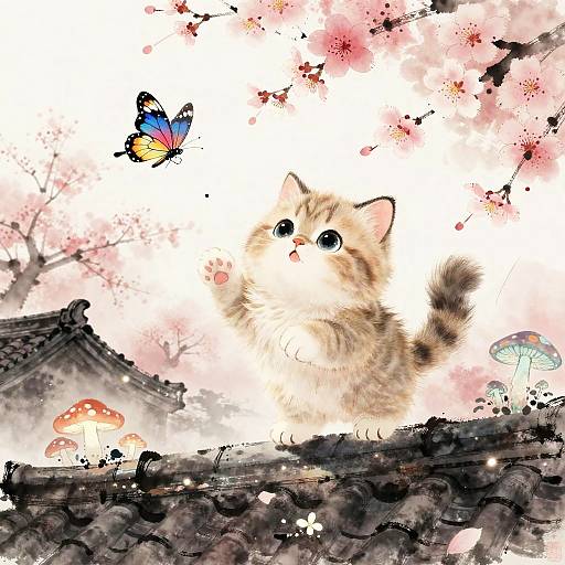 Adorable fluffy kitten with big eyes gazes at colorful butterfly, cherry blossoms, and mushrooms on traditional Asian roof, digital watercolor art.