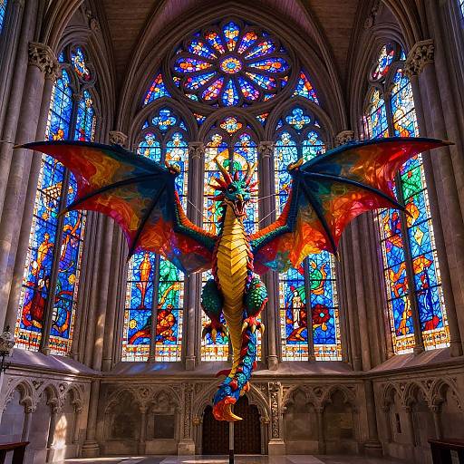 Photograph of a vividly colored, dragon-shaped stained glass window in a Gothic-style cathedral, featuring intricate blue, red, orange, and green patterns