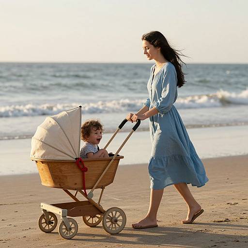 Photograph of a smiling woman in a blue dress pushing a wooden stroller with a curly-haired child on a sunny beach.