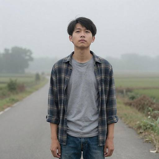 Young Man on Misty Rural Road