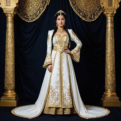 Woman in luxurious white and gold royal gown