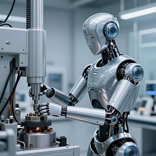 Photograph of a shiny, metallic humanoid robot with blue glowing eyes, operating a CNC machine in a futuristic, brightly-lit factory.