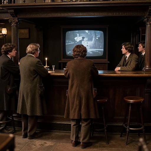 Photograph of five men in dark suits and overcoats, standing at a dimly lit, vintage wooden bar, watching a black-and-white TV