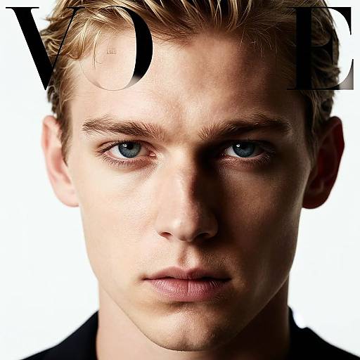 Close-up photograph of a young, handsome man with blue eyes, light blonde hair, and fair skin, shadowed on the right, against a white