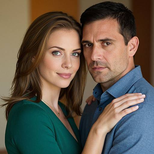 Photograph of a fair-skinned couple with brown hair; woman in green top, man in blue shirt, intimate pose, gentle expressions.