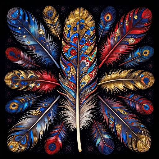 Vibrant digital illustration of a central feather adorned with colorful patterns, surrounded by nine peacock feathers with blue, red, and gold hues on a