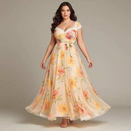 Photograph of a curvy woman with long dark hair, wearing a flowy, off-the-shoulder, yellow floral dress, standing against a