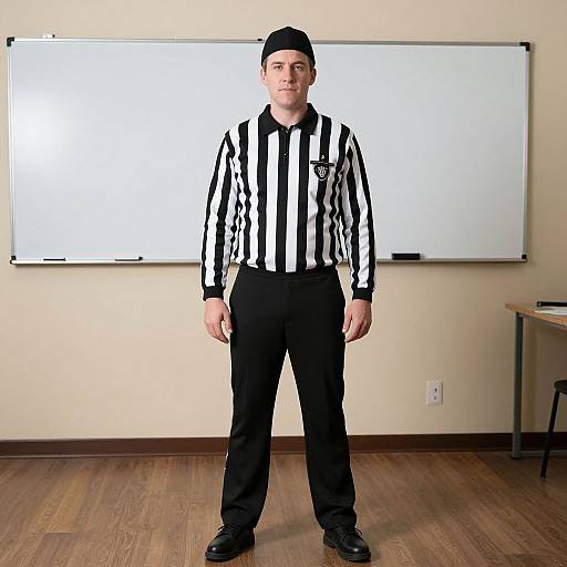 Photograph of a young male referee standing in a classroom, wearing a black and white striped shirt, black pants, and a black cap, in front