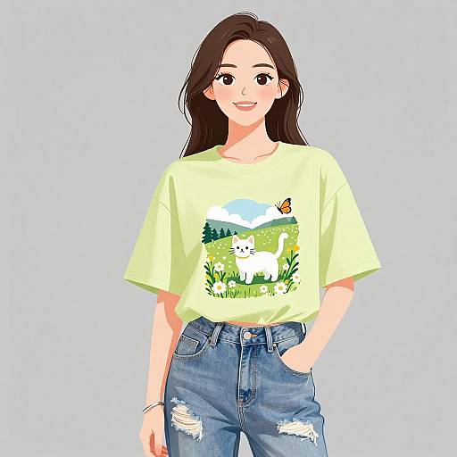 Digital illustration of a smiling woman with long brown hair, wearing a yellow graphic tee and ripped blue jeans, standing against a light blue background.