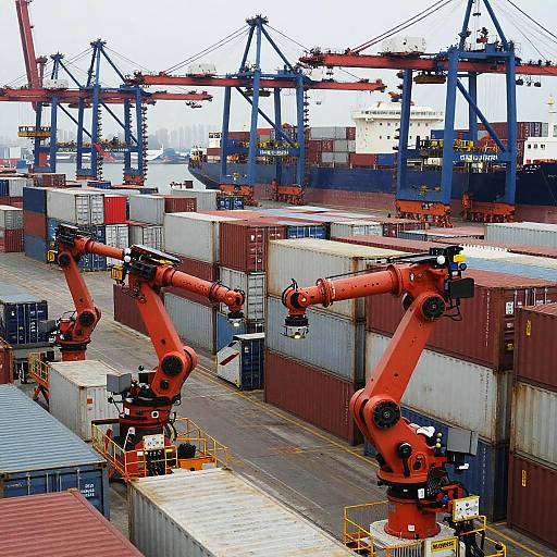 Photograph of a bustling container port featuring three vibrant orange cranes amidst rows of stacked shipping containers, with blue and red cranes in the background under