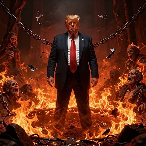 Photograph of a stern-faced Donald Trump in a black suit, red tie, standing amid fiery inferno, surrounded by skulls, broken chains, and