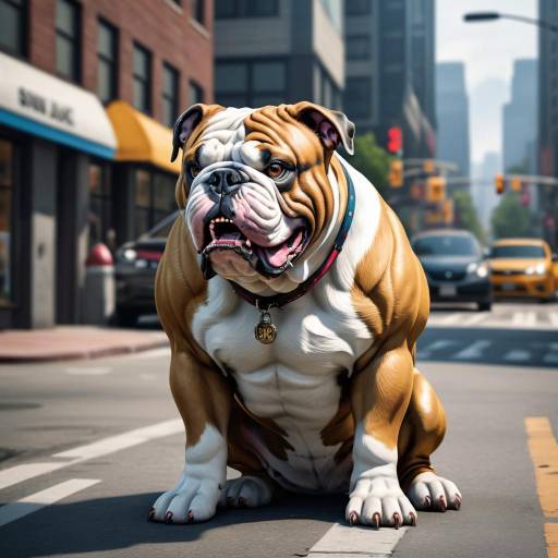 Bold Bulldog Confronts Busy Street Scene Bold Bulldog Confronts Busy Street Scene