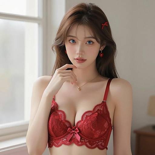 Young Woman in Red Lace Bra