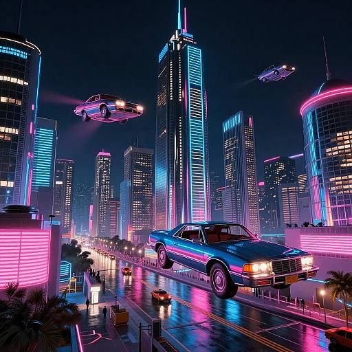 Neon-lit futuristic cityscape with flying cars, glowing skyscrapers, and a classic blue muscle car on a wet street at night.