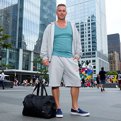Photograph of a muscular, short-haired man in a teal tank top, white shorts, and gray jacket, standing with a black duffel bag