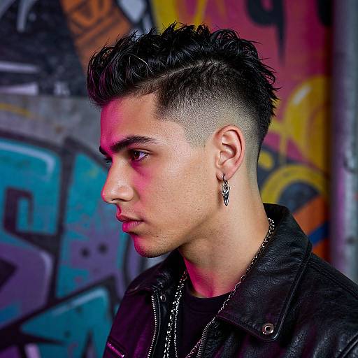 Photograph of a young man with a undercut hairstyle, black leather jacket, earring, and nose piercing, standing against vibrant graffiti background.