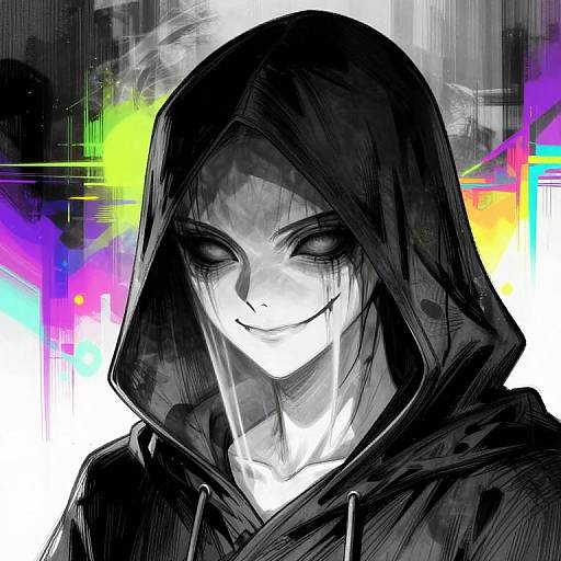 Digital manga-style drawing of a pale, smiling figure with black hood, shadowed eyes, and neon-colored background, creating a mysterious, eerie vibe.