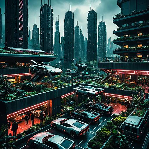 Neon Cyberpunk Rooftop Garden Scene