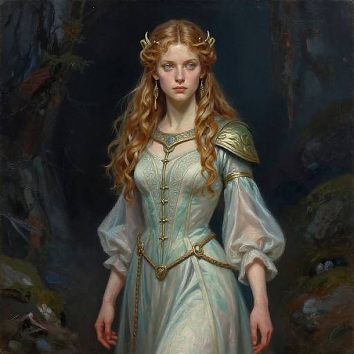 Digital painting of a young, fair-skinned woman with long, wavy auburn hair, wearing a white, ornate gown with gold shoulder