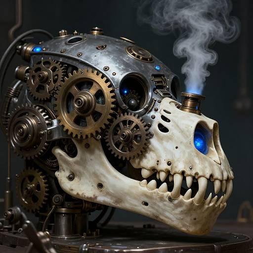 Cybernetic skull with intricate gears, blue glowing eyes, and smoking pipe in dark, industrial setting. Digital artwork.