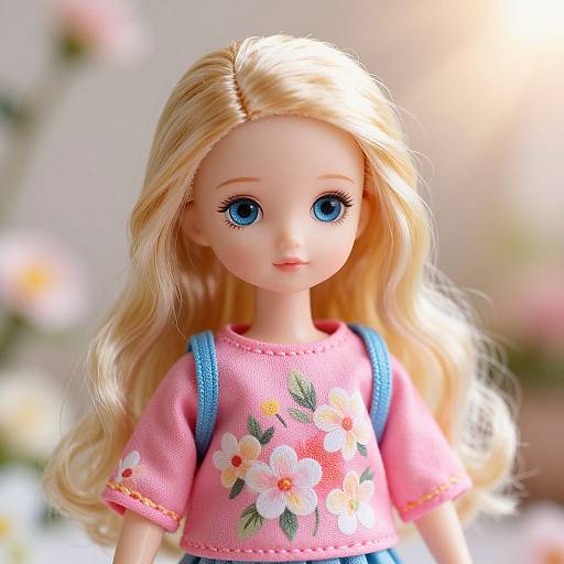 Photograph of a blonde doll with blue eyes, wearing a pink floral shirt and blue backpack, against a blurred floral background.