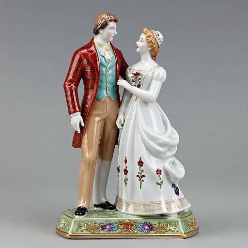 Photograph of a porcelain Victorian-era couple: male in red plaid jacket, brown pants, white shirt, blue vest; female in white floral dress
