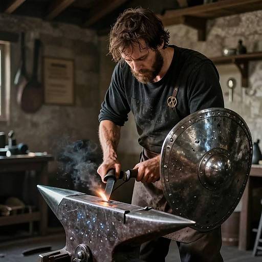 Photograph of a bearded blacksmith with tousled hair, wearing a black shirt, hammering an anvil with sparks, holding a shield-shaped