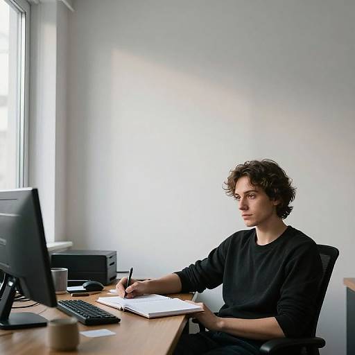 Photograph of a young man with curly brown hair, wearing a black long-sleeve shirt, sitting at a wooden desk, writing in a notebook