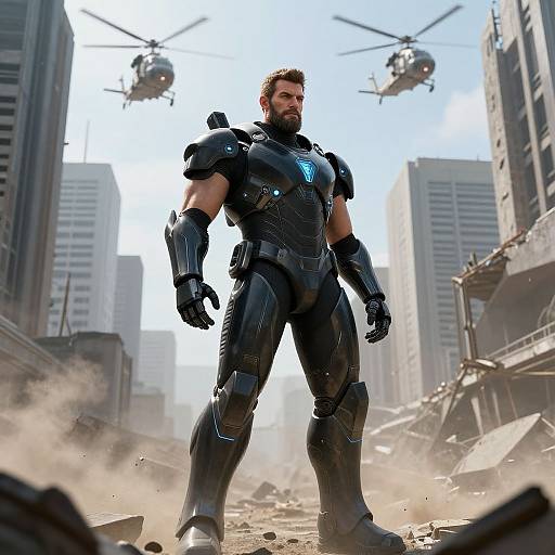 Futuristic Warrior in War-Torn City