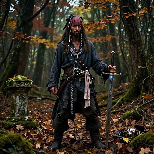 Solitary Pirate in Mystical Autumn Forest