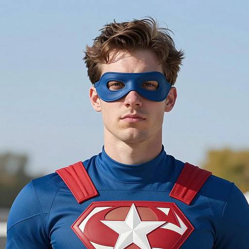 Young Man in Blue Superhero Costume