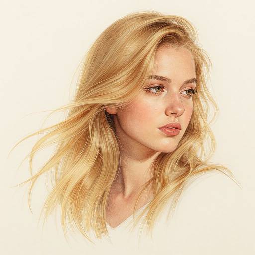 Digital portrait of a blonde woman with wavy hair, light skin, and pink lips, gazing to the side against a white background.