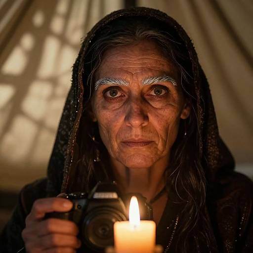 Photograph of an elderly woman with wrinkled face, silver-painted eyebrows, and dark hooded cloak, holding a lit candle, illuminated by candle