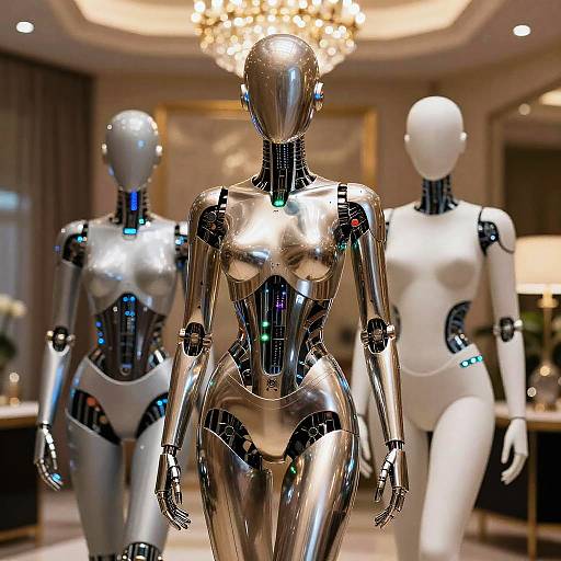 Photograph of three futuristic, glossy, humanoid robots in a luxurious, warmly-lit room with a chandelier, two white and one silver.
